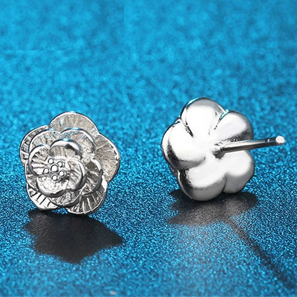 New 925 Sterling Silver Rose Flower Stud Earrings Fine Jewelry