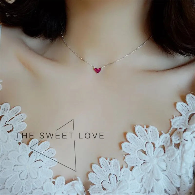 Fine 925 Sterling Silver Sweet Heart Shaped Red Crystal Pendant Necklace