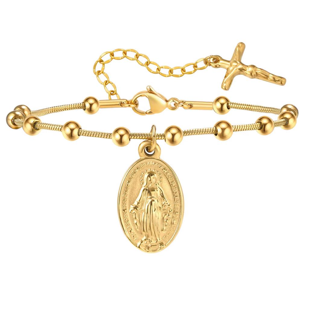 Stainless Steel 18k Gold Plated Rosary Bracelet Religious Cross and Virgin Mary Prayer Bracelet