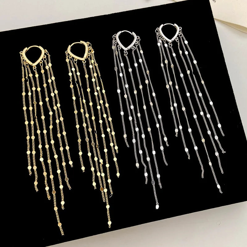 New 923 Sterling Silver Chain Tassels Pendant Hoop Earrings Jewelry