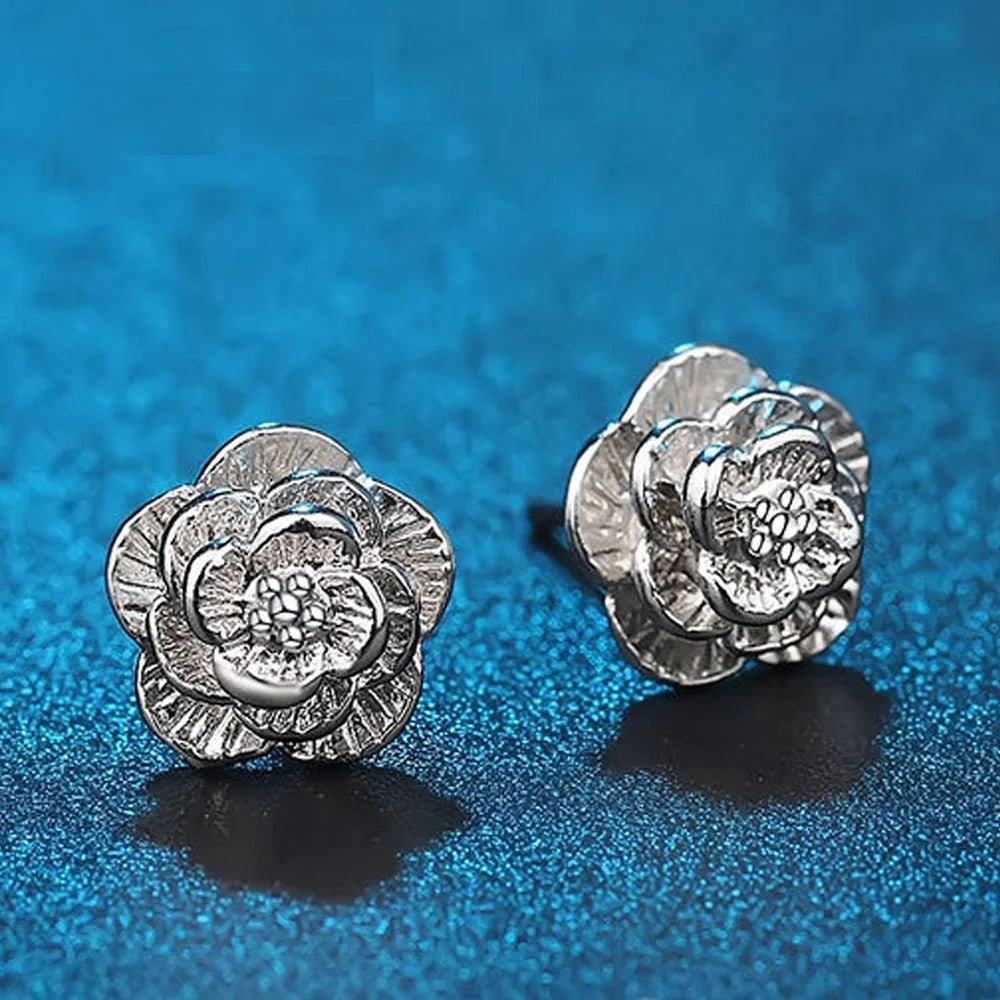 New 925 Sterling Silver Rose Flower Stud Earrings Fine Jewelry