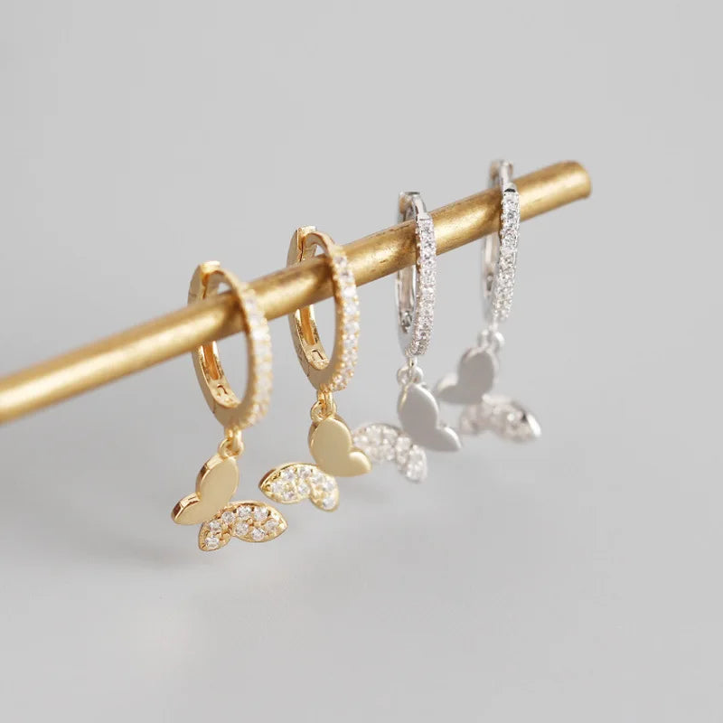 Real 925 Sterling Silver18k Gold Plated Pure Zircon Butterfly Hoop Earrings Fine Jewelry