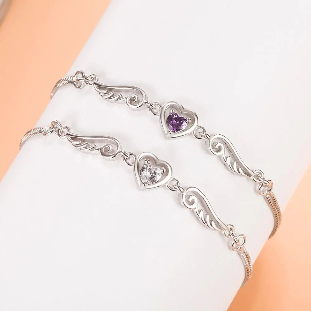 Luxurious 925 Sterling Silver Purple/White Heart Shaped Zircon Wings Bracelet Fashion Jewelry