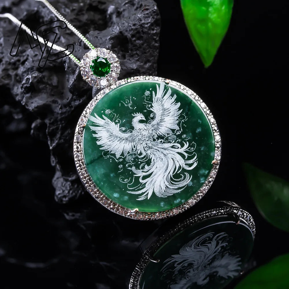 New S925 Sterling Silver Natural Real Emerald Jade Stone-Shadow Carving Phoenix Charm Pendant Jadeite Necklace Fine Jewelry