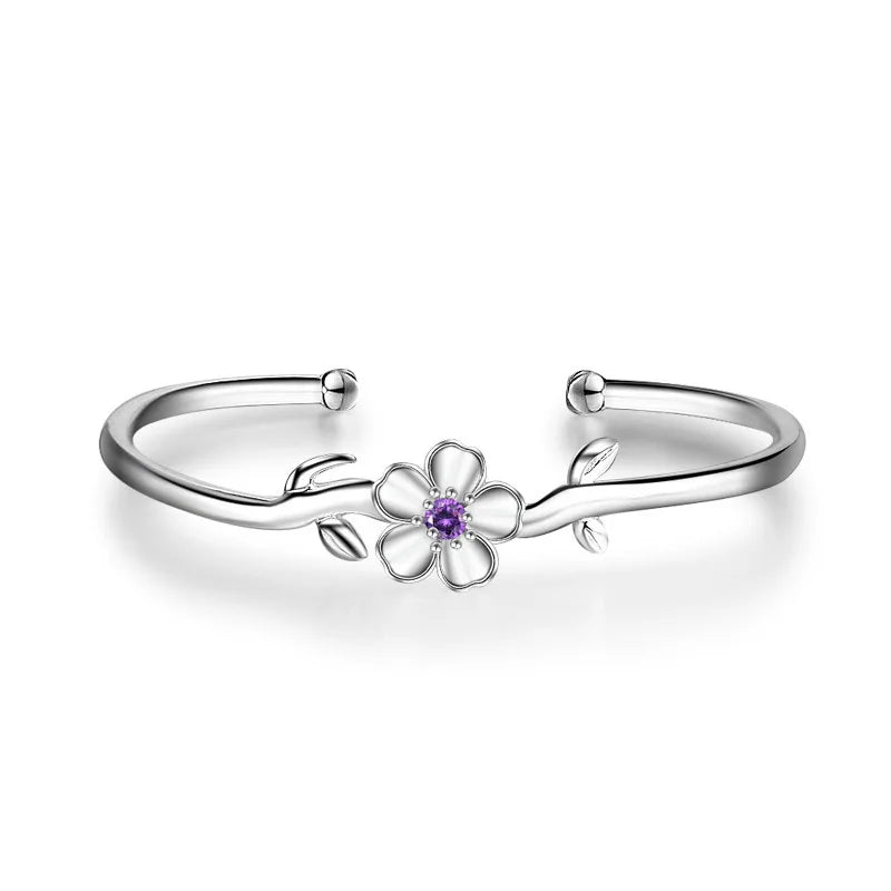 New 925 Sterling Silver Crystal Cherry Flowers Bracelet Fine Jewelry