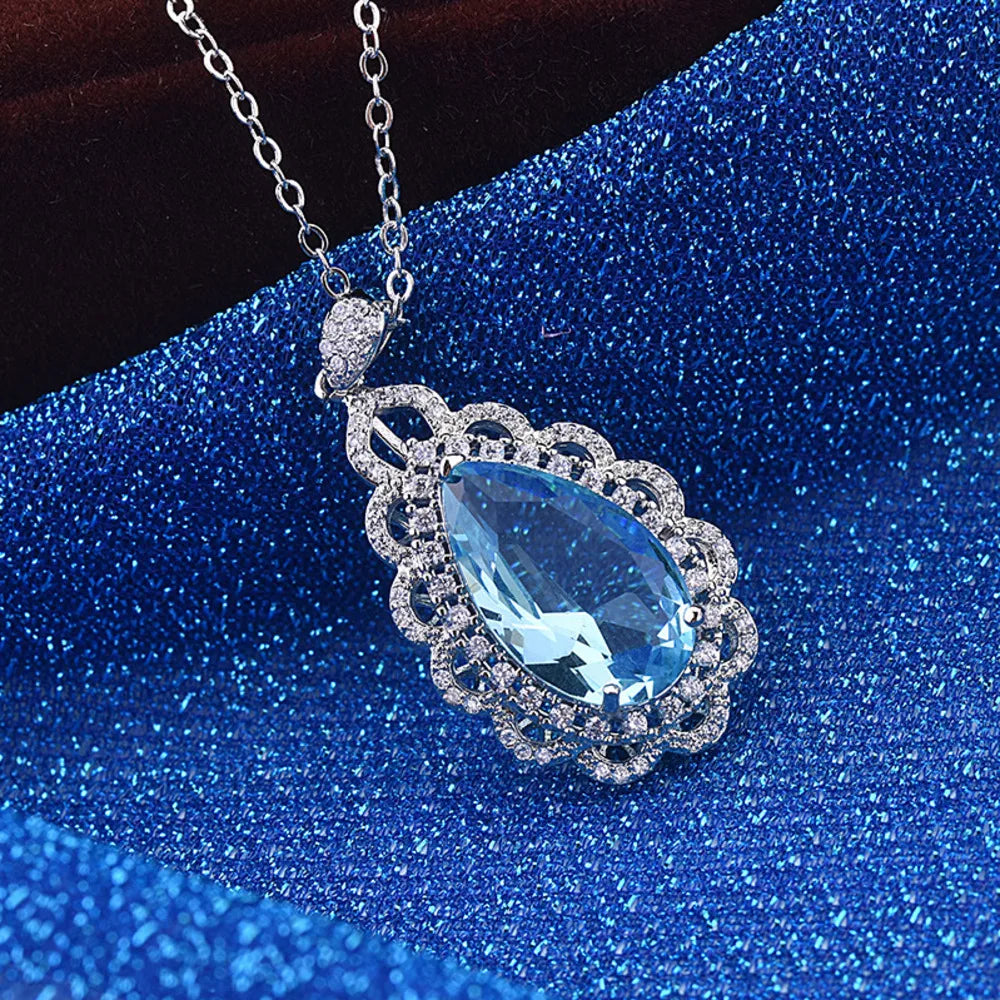  New 925 Sterling Silver Luxury Inlaid Navy Blue Topaz Water Drop Pendant Necklace Fine Jewelry
