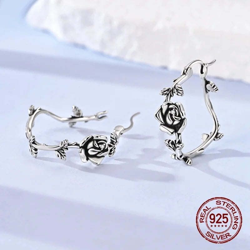 New 925 Sterling Silver 18k Gold Plated CZ Rose Hoop Earring Vintage Twisted Rose Vine Fine Jewelry
