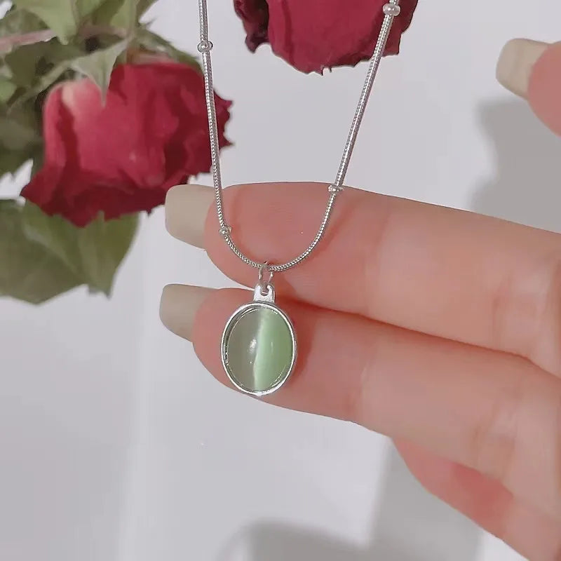 925 Sterling Silver Oval Sea Blue Pendant Necklace Exquisite Cat Eye Stone Lock Bone Chain Jewelry