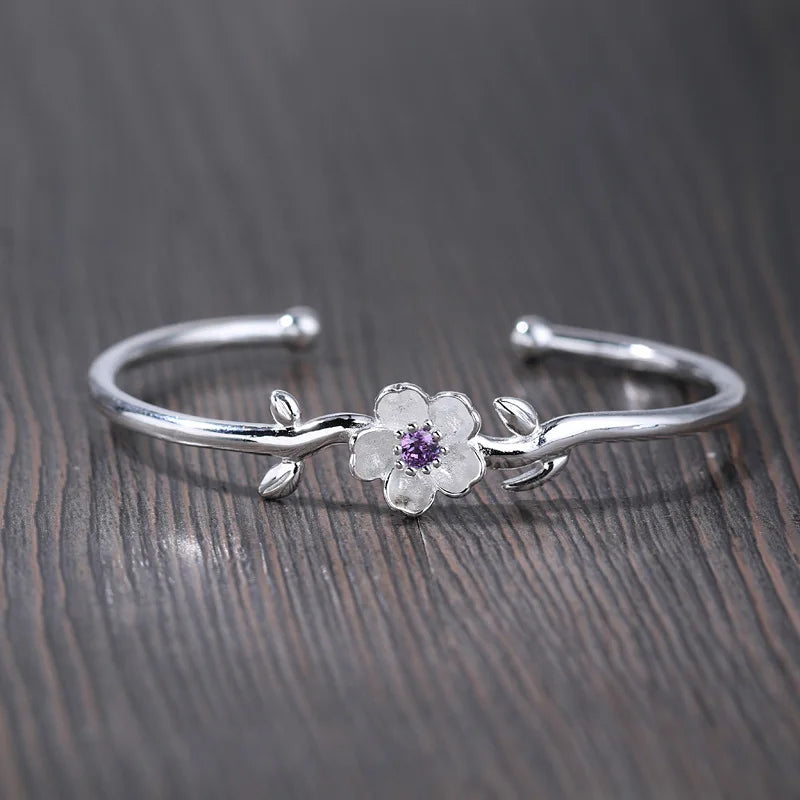 New 925 Sterling Silver Crystal Cherry Flowers Bracelet Fine Jewelry