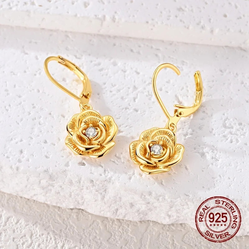 New 925 Sterling Silver 18k Gold Plated CZ Rose Hoop Earring Vintage Twisted Rose Vine Fine Jewelry