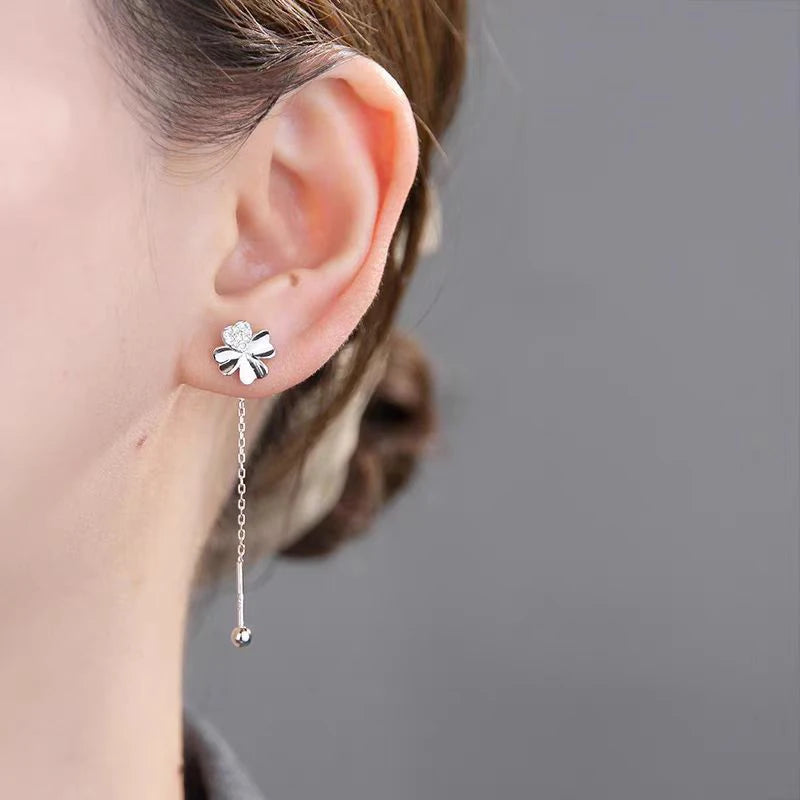 New 925 Sterling Silver Stamp Pure Zircon 4 Leaf Clover Chain Tassel Earrings Fine Jewelry