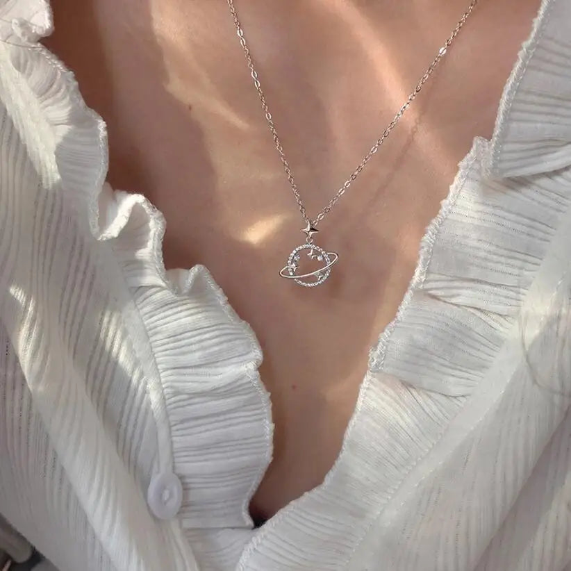 Celestial 925 Sterling Silver Chain Collarbone Necklace Planet Star Zircon Pendant Chain