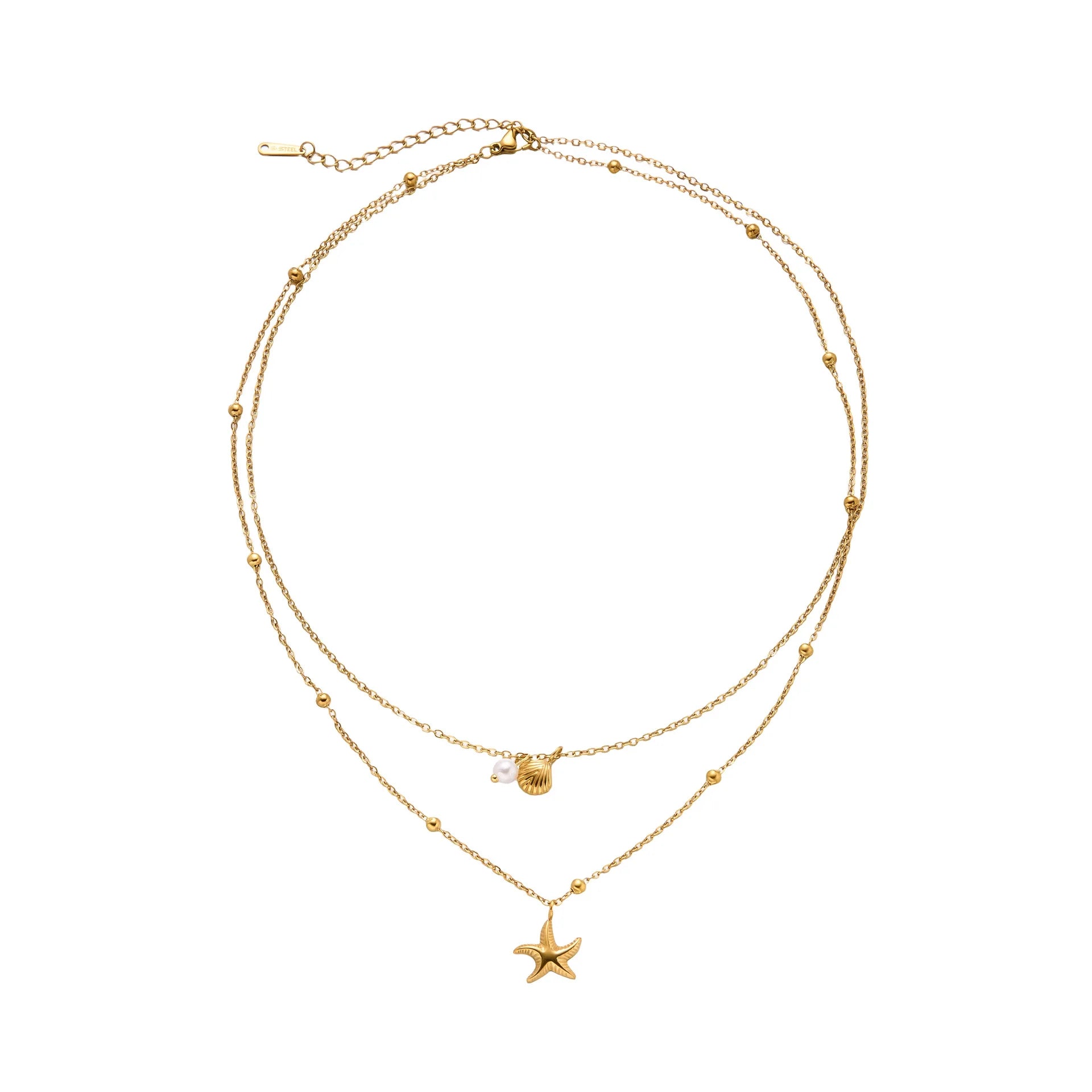 Fashion Starfish Shell Pearl Necklace Stainless Steel Gold Double Layered Beads Chain Jewelry