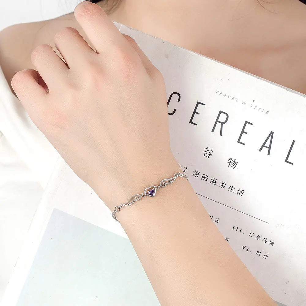 Luxurious 925 Sterling Silver Purple/White Heart Shaped Zircon Wings Bracelet Fashion Jewelry