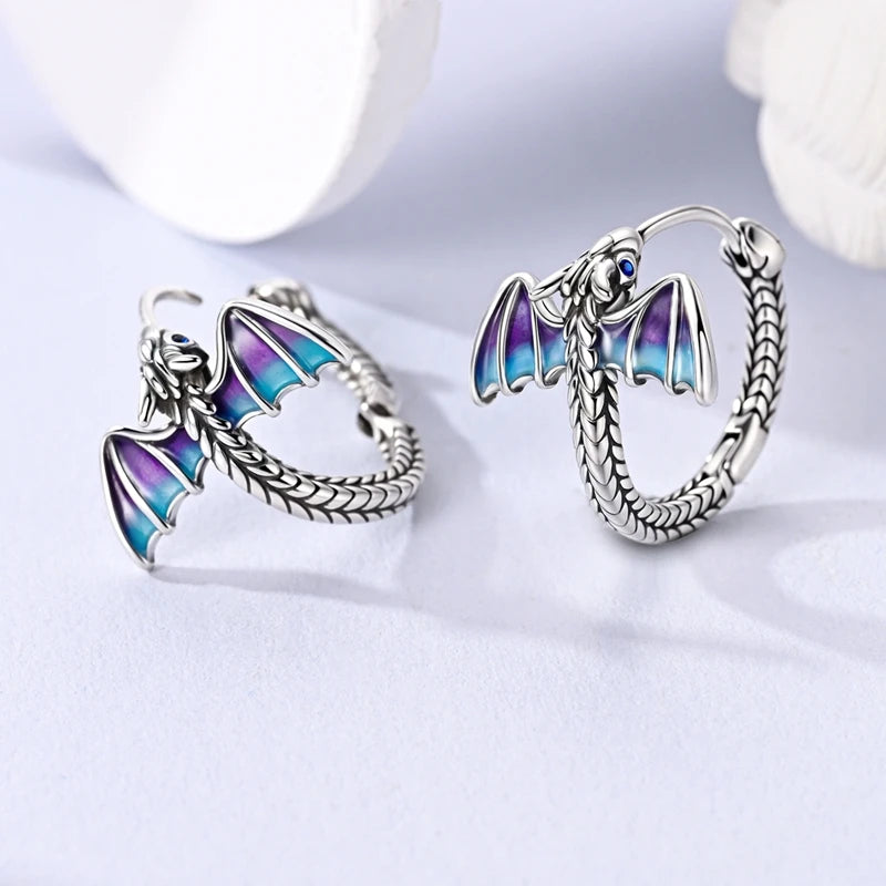 Original 925 Sterling Silver Fire Dragon Hoop Earrings Fine Jewelry