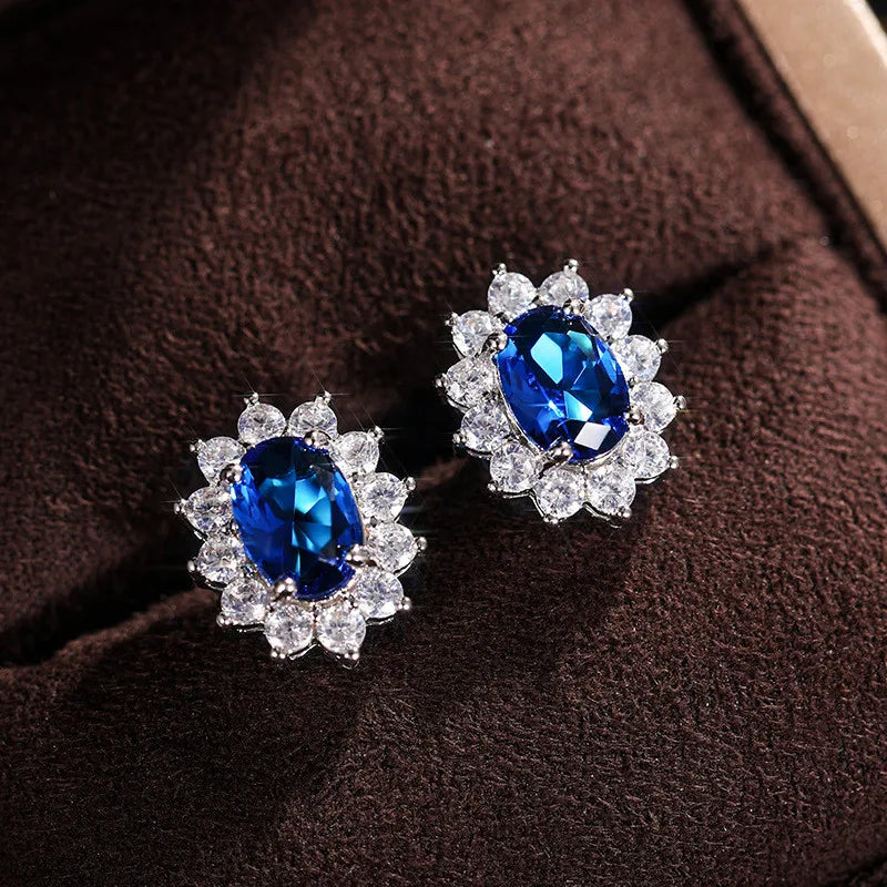 New 925 Sterling Silver Pure Zircon Birthstone Sunflower Shape Stud Earrings Oval Luxury Fine Jewelry