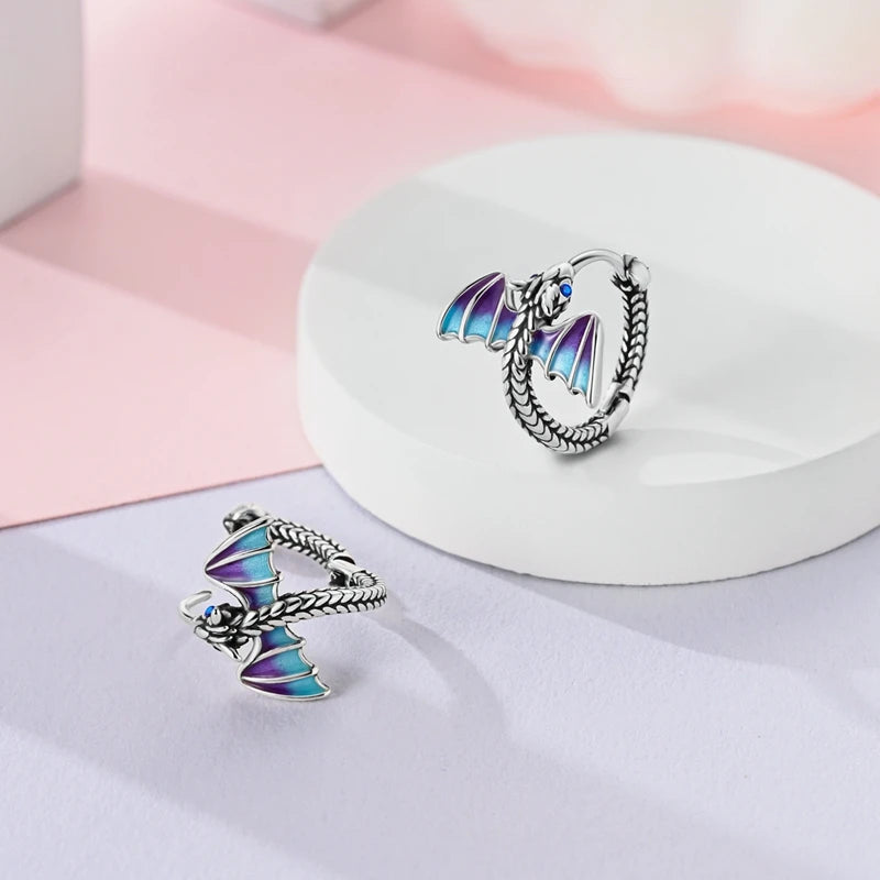 Original 925 Sterling Silver Fire Dragon Hoop Earrings Fine Jewelry