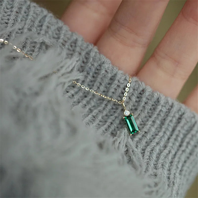 925 Sterling Silver 18k Gold Plated European Simple Square Emerald Zircon Crystal Pendant Clavicle Chain Necklace