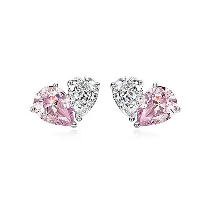 Real Money 925 Sterling Silver Earrings Pink Crystal Heart Shaped Water Droplet Zircon Jewelry