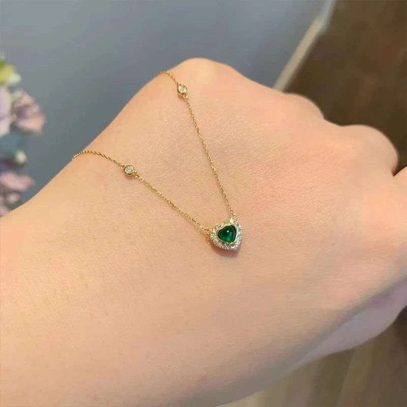 925 Sterling Silver 18k Gold Plated Emerald Zircon Love Necklace French Vintage Collar Chain Luxury Jewelry