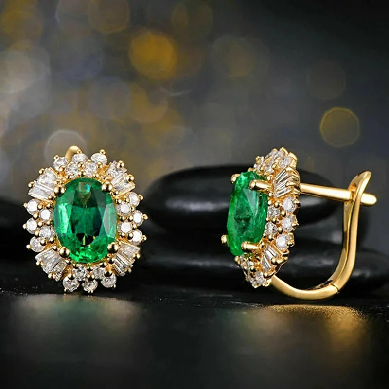 New 925 Sterling Silver 18k Gold Plated Oval Green Cubic Zircon Earrings Luxury Jewelry