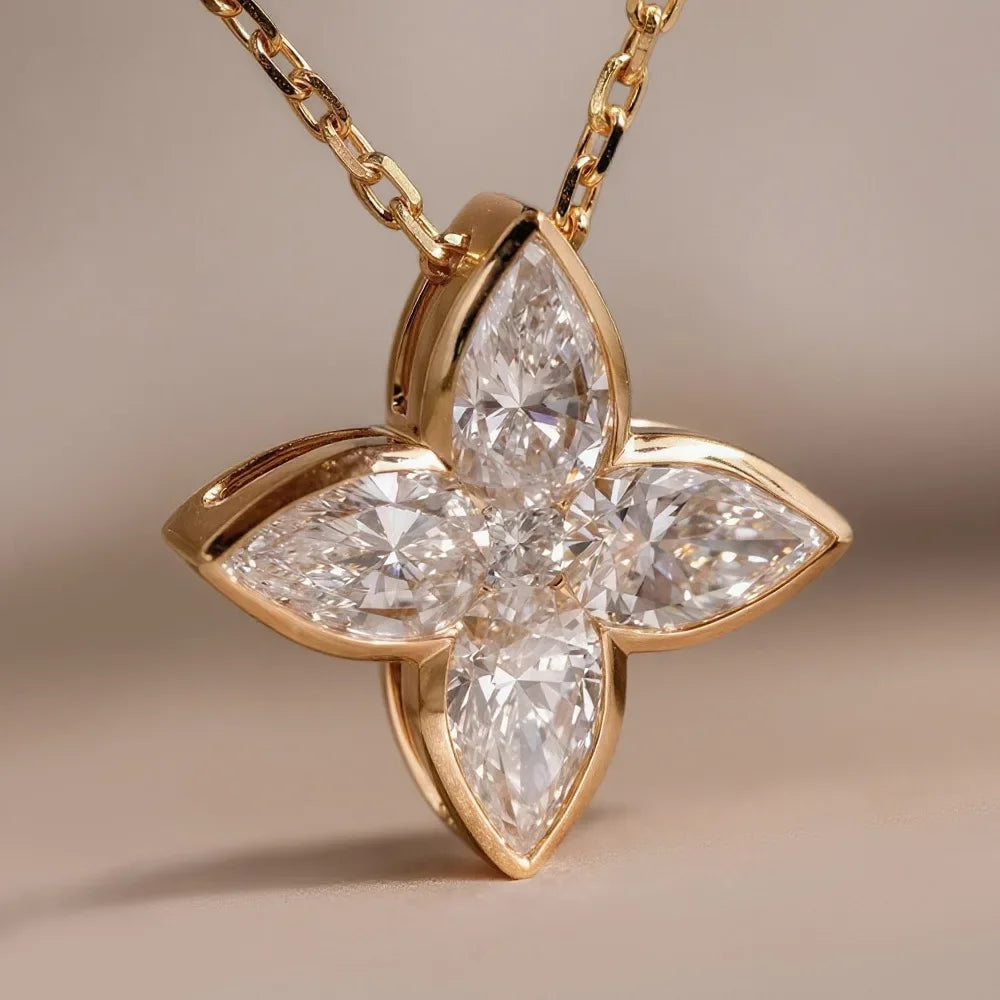 Exquisite S925 Sterling Silver Full Moissanite Pendant Necklace Flower Pear/Round Cut Diamond Neck Chain Jewelry