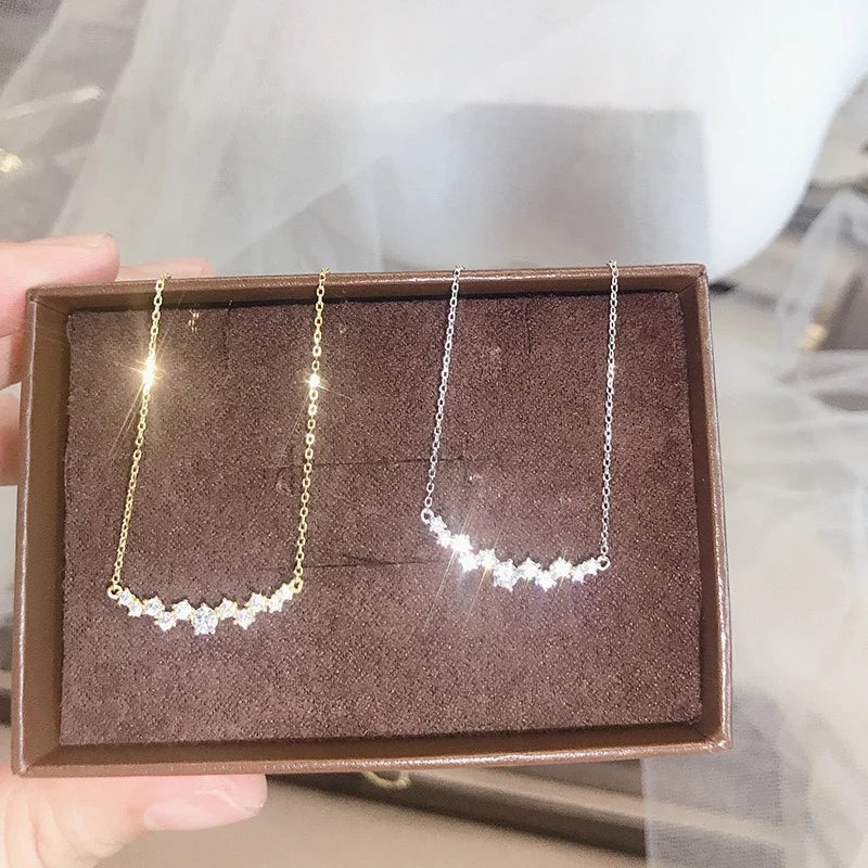 925 Sterling Silver 18K Gold Plated Necklace Moon Sparkling Zircon Clavicle Choker Fine Jewelry