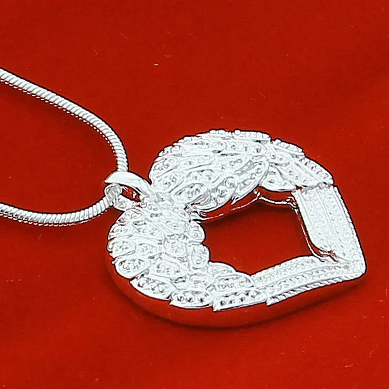 Fine 925 Sterling Silver Chain Heart Angel Wings Pendant Necklace Jewelry