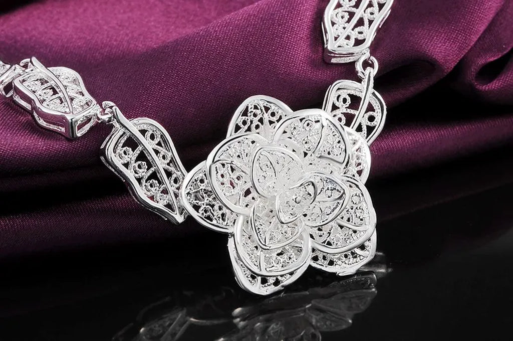 Pure 925 Sterling Silver Bracelet Beautiful Big Flower Fine Luxury Jewelry
