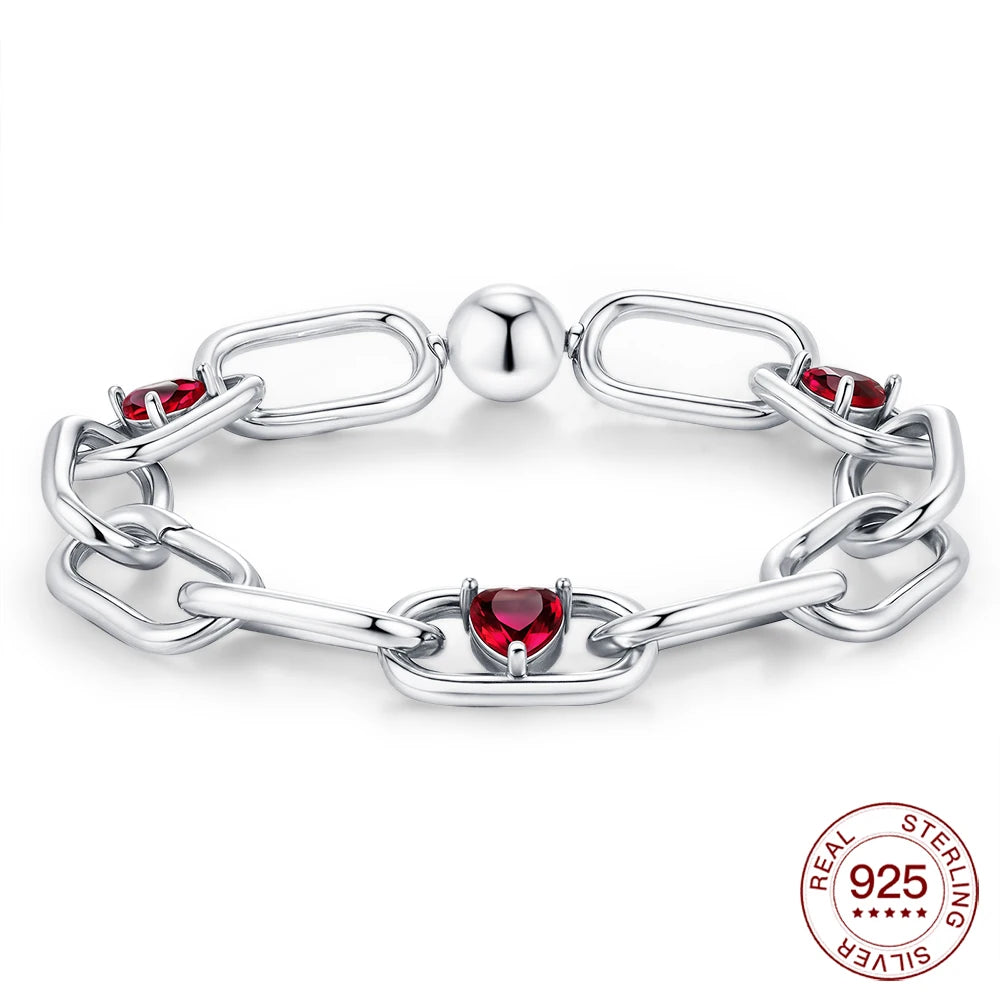 New 925 Sterling Silver Red Heart Charm Bracelet Jewelry