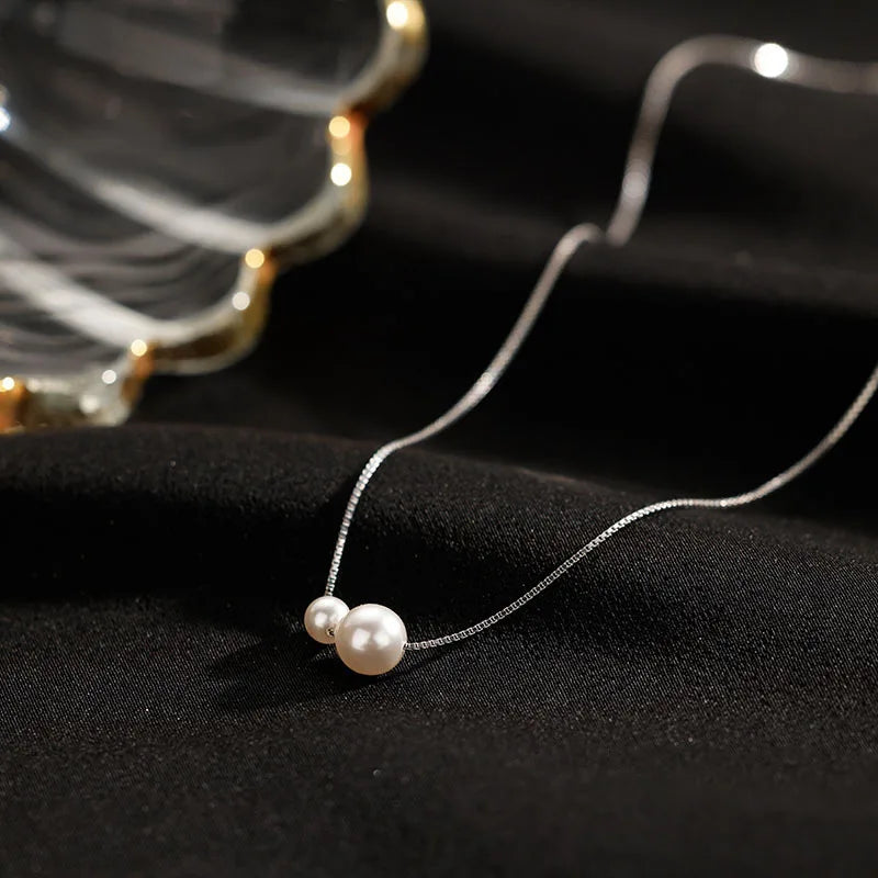 Fine 925 Sterling Silver 18k Gold Plated Two Pearl Pendant Necklace Jewelry