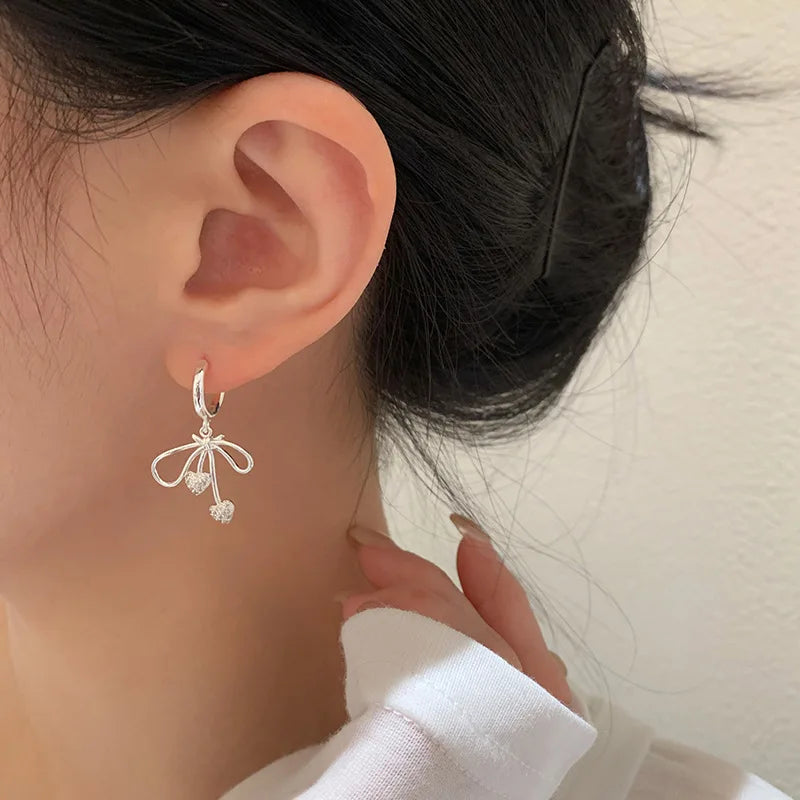 New 925 Sterling Silver Charming Hollow Love Heart Bow Hoop Earring Luxury Jewelry