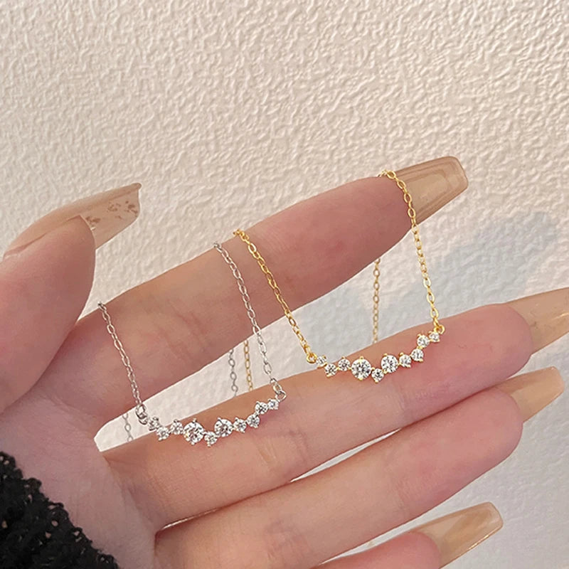 925 Sterling Silver 18K Gold Plated Necklace Moon Sparkling Zircon Clavicle Choker Fine Jewelry