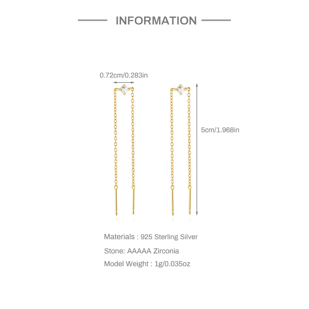 Fine 925 Sterling Silver 18k Gold Plated Zircon Tassel Chain Earrings Fine Jewelry