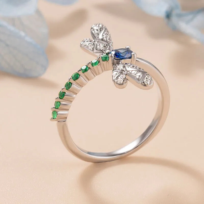 925 Sterling Silver Dragonfly Ring Blue Green Real CZ Stones Fine Jewelry