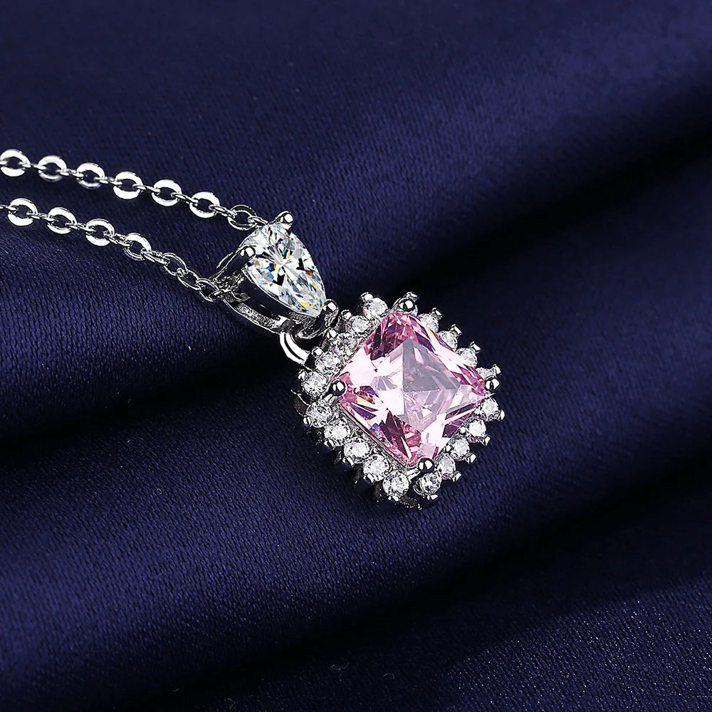 Fine 925 Sterling Silver Necklace Pendant Charm Shining Pink Zircon Jewelry