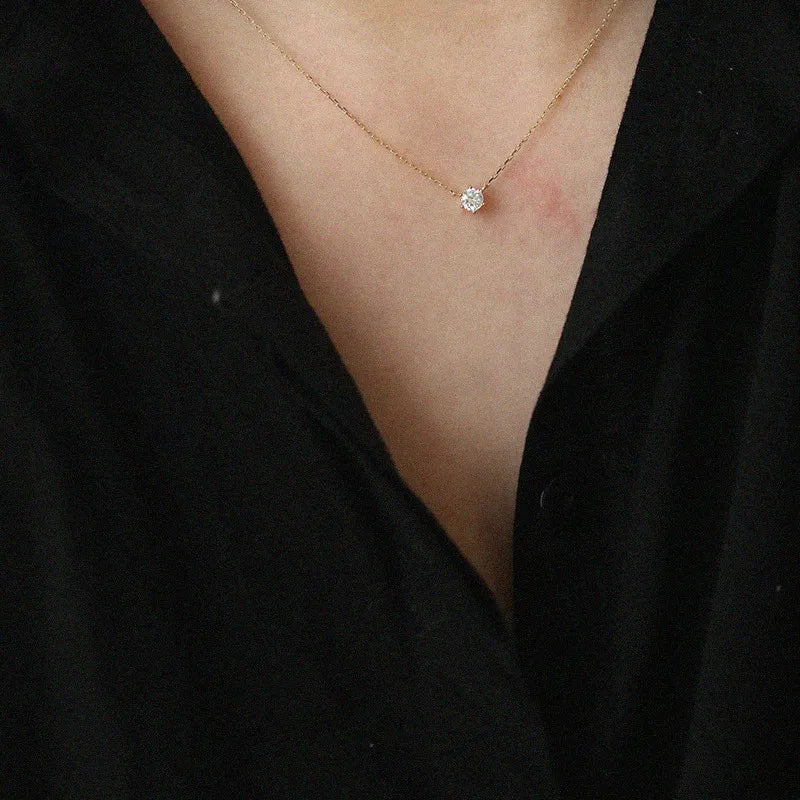 925 Sterling Silver 14K Gold Plated Necklace Versatile Single Sparkling Zircon Clavicle Chain