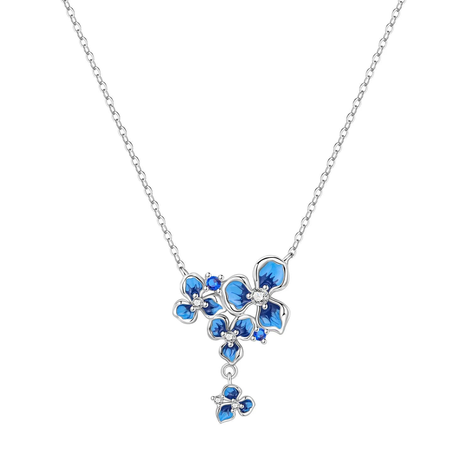 Fine 925 Sterling Silver Blue Iris Flower Pendant Necklace Jewelry