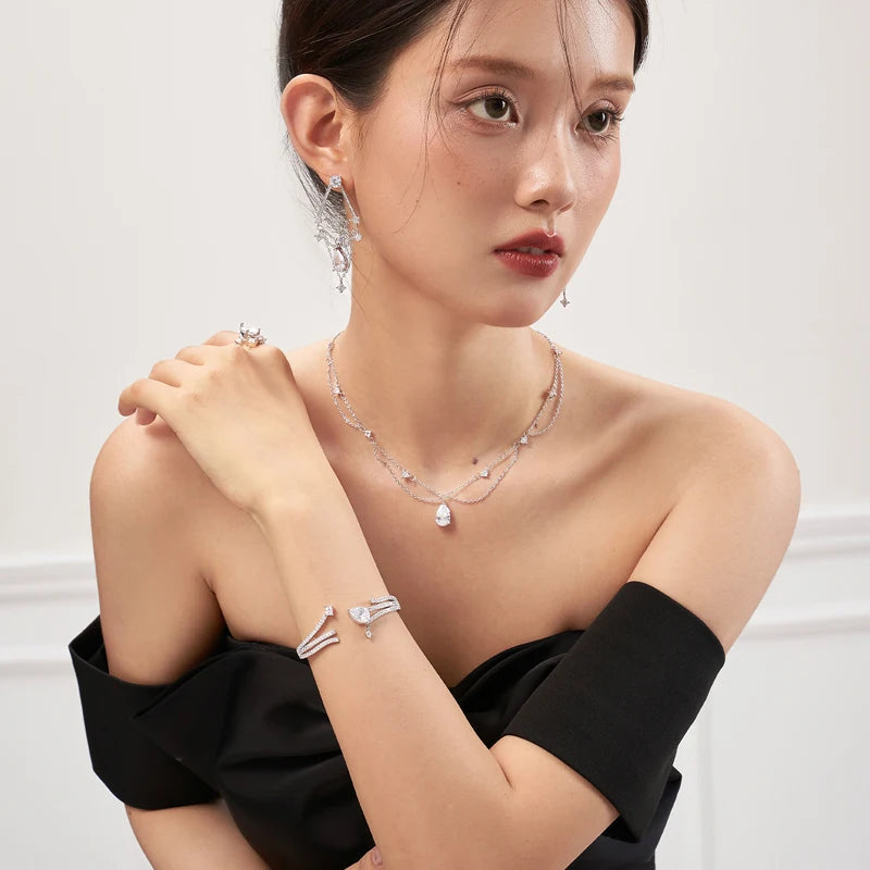 Fine 923 Sterling Silver Double Water Droplet Shape Choker AAA Zircon Chain Necklace Fine Jewelr