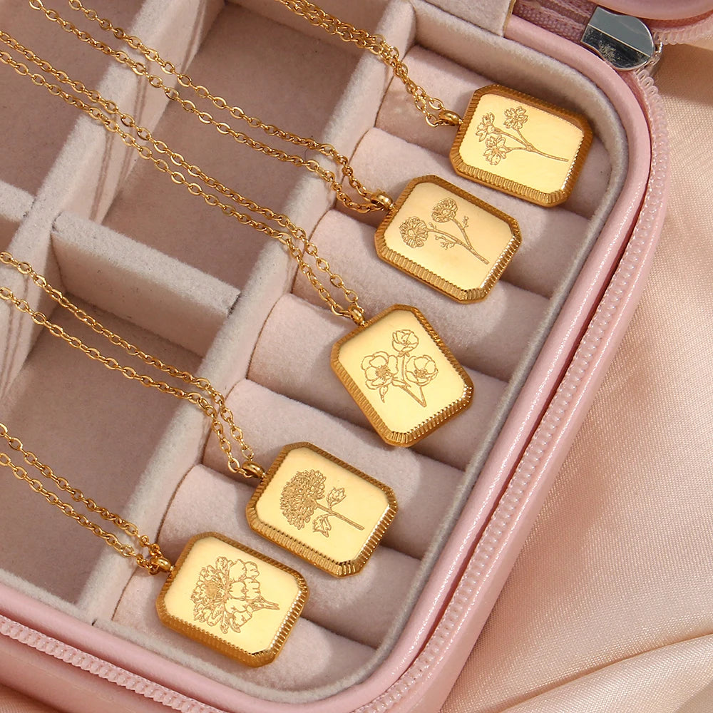Stainless Steel Gold Plated Beautiful Design Cute Square Month Flower Birthstone Necklaces for Women Flower Necklace